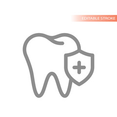 Tooth and shield line vector icon. Dental care and protection symbol.