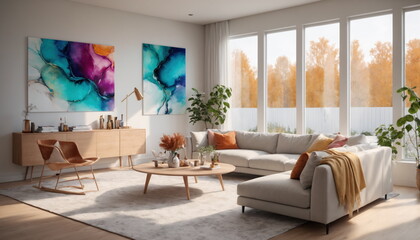A modern living room with upholstered sofas and stunning views from the panoramic windows. Soft lighting.