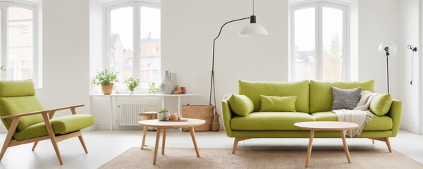 a fresh and modern Scandinavian apartment living room with a vibrant lime green sofa and matching recliner, complemented by minimalistic decor and abundant natural light.