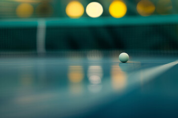 Close-up of a ping pong ball on a table tennis court with selective focus and dynamic lighting - obrazy, fototapety, plakaty