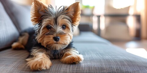 Cute Yorkie Puppy Chilling At Home, Irresistibly Adorable And Heartwarming. Concept Indoor Cozy Moments, Pup Love, Cuddles And Snuggles, Cutest Yorkie Poses