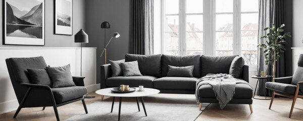 a Scandinavian-style living room with a black-gray sofa and recliner chair, complemented by natural light and minimalist decor