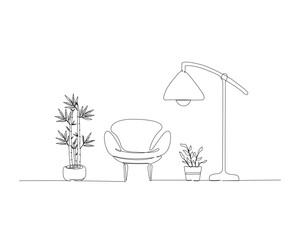 Continuous one line drawing of armchair, floor lamp and house plant. Armchair ,flloor lamp and bamboo plant single outline vector illustration. Interior and furniture concept, editable stroke.