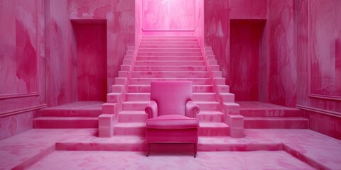 A Surreal Haven: A Dreamlike Journey Through A Pink Staircase To An Inviting Chair. Concept Abstract Art Exhibition, Serene Landscapes, Magical Fantasy Forest, Minimalist Architecture