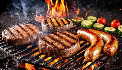 Grilled delicious beef steaks and grillwurst with vegetables and herbs over flames on outdoor grill