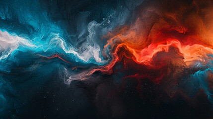 Dynamic sweeps of fiery vermilion and celestial cerulean blending gracefully, creating a vivid and captivating abstract expression on a canvas of profound cosmic black.  - obrazy, fototapety, plakaty