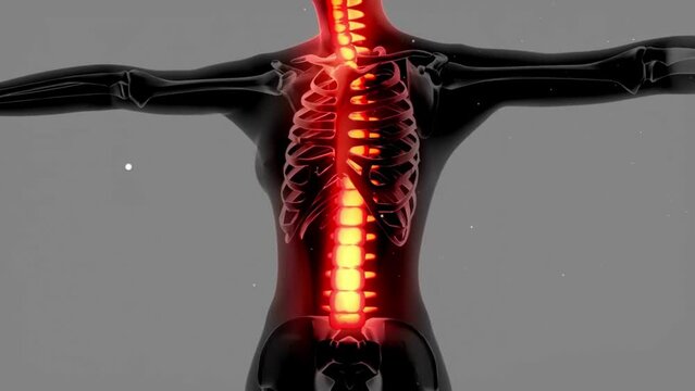 3D Human skeleton of a young female with glowing spinal cord Glowing area symbolizes strong pain Gray clean background.