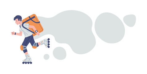 Courier rollerblading carry a delivery box backpack, cloud behind him, food delivery service vector cartoon illustration