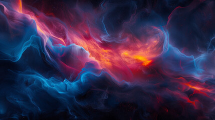 Dynamic sweeps of fiery vermilion and celestial cerulean blending gracefully, creating a vivid and captivating abstract expression on a canvas of profound cosmic black. 