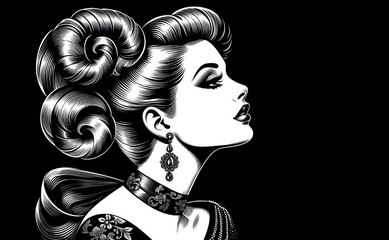A retro style woman with retro hairstyle on black
