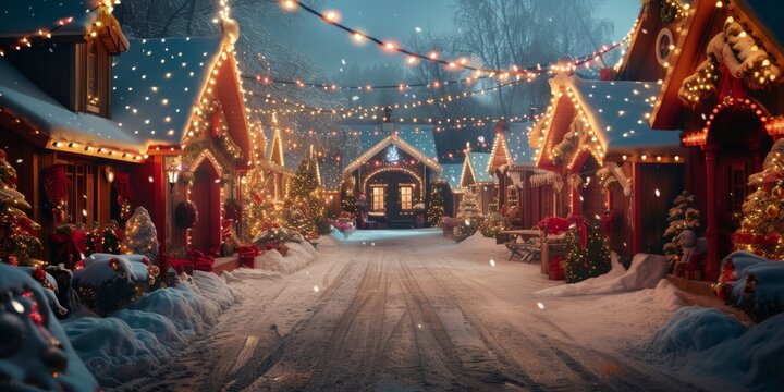 Enchanting North Pole Christmas Scene With Magical Holiday Lights At Santas Workshop. Concept Glamorous Red Carpet Event, Nature-Inspired Landscape Photography, Whimsical Fairy Tale Photoshoot