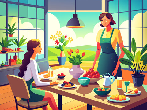 Happy woman with mother setting table for Easter dinner at home