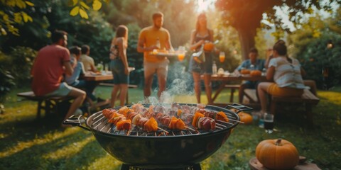 Family And Friends Enjoy A Sunny Summer Day With A Grill Party In The Garden. Concept Garden Grill Party, Sunny Summer Day, Family And Friends, Outdoor Gathering, Delicious Food - obrazy, fototapety, plakaty