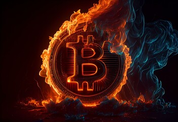Bitcoin emblem in burning neon flame. Generative AI