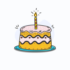 birthday cake with candle colorful doodle vector isolated illustration