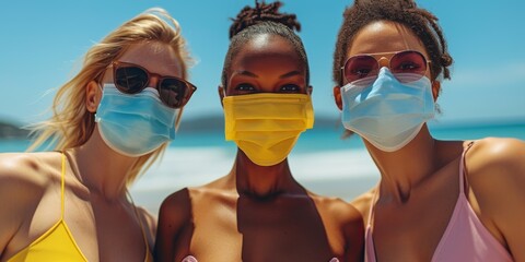 Friends Bonding While Practicing Sun Safety With Face Masks At The Beach. Concept Beach Safety, Sun Protection, Face Masks, Friends Bonding, Outdoor Activities