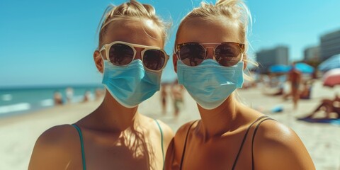 Friends At The Beach Stay Safe From The Sun, United With Face Masks. Concept Nature Hiking...