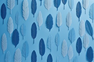 Minimalistic pattern of gradient blue feathers on light sky blue background. Closeup fluffy feather. Natural abstract backdrop with place for text