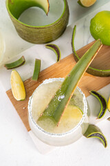 Aloe margarita cocktail with salty rim, lime and aloe vera slices, alcohol booze drink with tequila and aloe juice, copy space