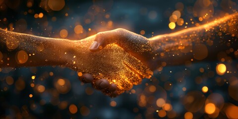 Glowing Particles Form A Vibrant Handshake, Representing Trust And Business Collaboration. Concept Trust In Business, Collaboration, Glowing Handshake, Vibrant Particles - obrazy, fototapety, plakaty