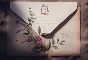 A delicate watercolor envelope with a letter. Vintage composition. Generative AI