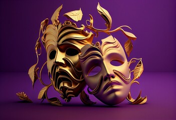 Golden theater masks of drama and comedy on a purple background (3D Rendering, illustration). Generative AI