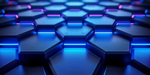 Hexagonal Abstract Background With Vibrant Blue Neon Lights, Digitally Rendered In 3D. Concept Hexagonal Abstract Background, Vibrant Blue Neon Lights, 3D Digital Render