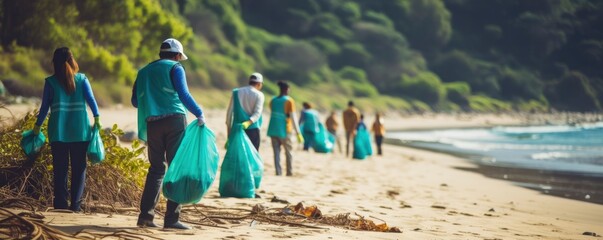 Volunteers groups collecting trash from natural environments like beaches or forests
