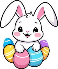 Long ear bunny with colorful easter eggs cartoon illustration in transparent background png for Easter day, nursery, children's book, party, kid-friendly character, baby shower, whimsical style draw