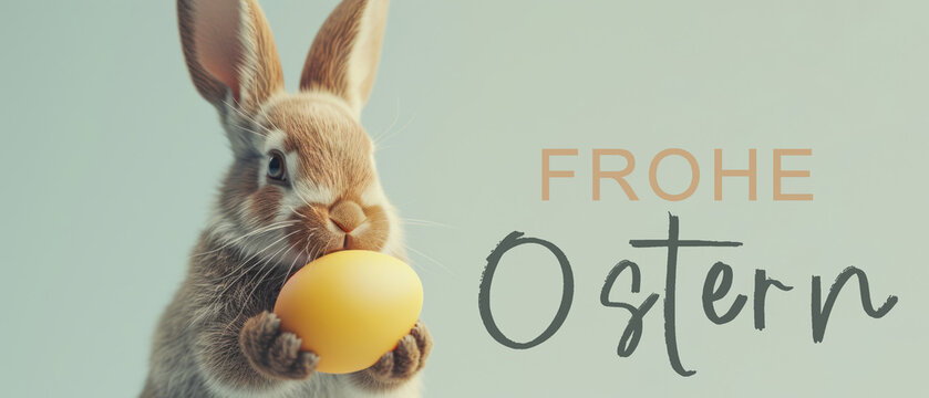 Frohe Ostern Konzept Feiertag Gru&szlig;karte mit deutschem Text - S&uuml;&szlig;er kleiner Osterhase, Kaninchen h&auml;lt ein Osterei in seinen Pfoten, isoliert auf t&uuml;rkisem Hintergrund