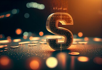 digital dollar currency symbol glowing currency sign on a abstract binary code digital background. Advertising banner with Financial hi-tech theme 3d Illustration background. 3d. Generative AI