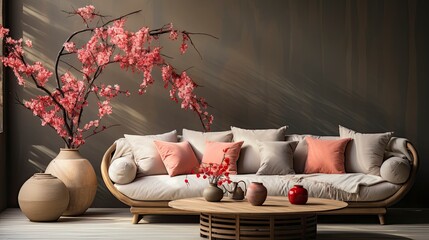 Fototapeta na wymiar Warm and cozy interior of living room space with round wooden table, beige sofa, red flowers, kimono, rattan chair, decoration. Home decor. Template, copy space