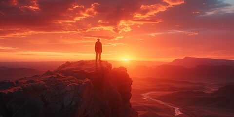 Man Takes In Breathtaking Sunset View While Standing On Mountain Cliff. Concept Adventure Photography, Mountain Landscapes, Sunset Views, Cliffside Poses, Nature's Beauty