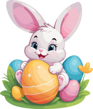 Cute bunny sitting and hugging colorful easter eggs cartoon illustration in transparent background png, perfect for Easter day, nursery, and kid design element  