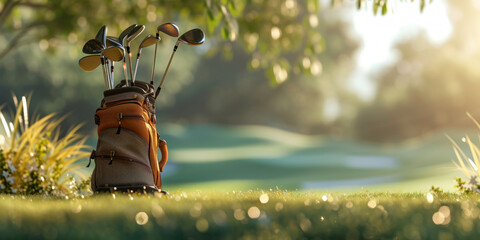 A bag of golf clubs standing on a blurred golf course