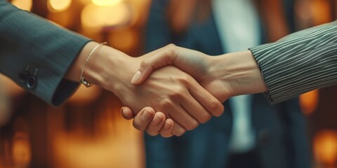Experienced Female Manager Welcomes Job Candidate With A Firm Handshake. Concept Confident Communication Skills, Professional Etiquette, Firm Handshake, Job Interview Techniques
