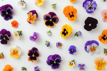  colorful garden pansies on a white surface in the sty © sdstudio