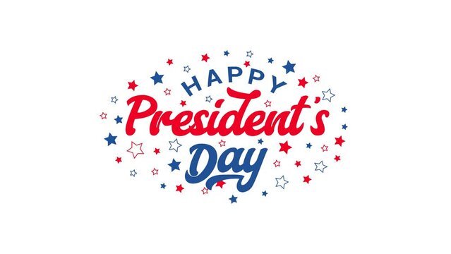 Happy Presidents Day calligraphy lettering animation with red and blue stars. Great for President's Day celebrations. 4k alpha chanel or Transparent background, easy to put into any video.	