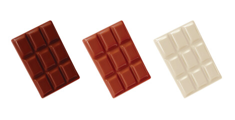 3d Dark, Milk and White Chocolate Bar Set Sweet Dessert Food Cartoon Style Isolated on a Background. Vector illustration
