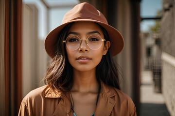 Portrait of young stylish girl model in casual summer clothes in brown hat with natural makeup in glasses 