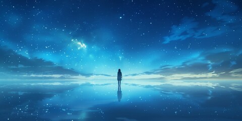 Person Gazes At Starfilled Sky, Symbolizing Dreams, Aspirations, And Their Enigmatic Nature. Concept Stargazing, Dreamscape, Enigmatic Nature, Aspirations, Symbolic Imagery - obrazy, fototapety, plakaty