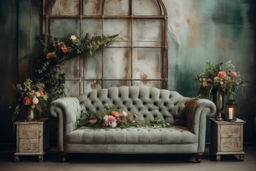 Vintage style photo studio with old IKEA furniture, grunge wall with paintin and plants in boho style