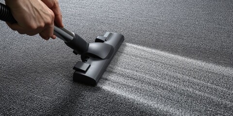 Efficiently Cleaning Carpets With A Vacuum Cleaner In A Well-Organized Home. Concept Vacuuming Techniques, Proper Equipment, Time-Saving Tips, Cleaning Schedule, Tidying Tips - obrazy, fototapety, plakaty