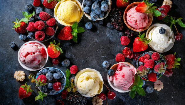 Ice cream assortment. Selection of colorful ice cream with berries and fruits on dark rustic table. Top view