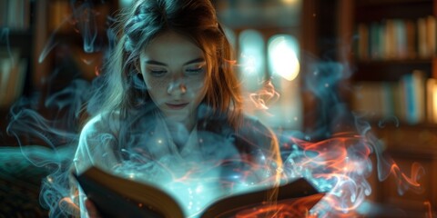 Fototapeta na wymiar Reader Immersed In A Book, Transported To The Ethereal Realm. Concept Magical Adventures, Enchanting Worlds, Literary Escapes, Bookish Wonderland, Imagination Unleashed