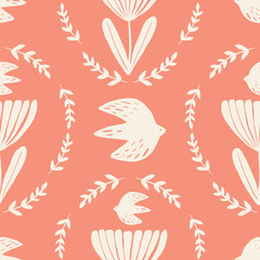 Hand drawn abstract flowers and birds pattern. Collage contemporary print. Ethnic style.