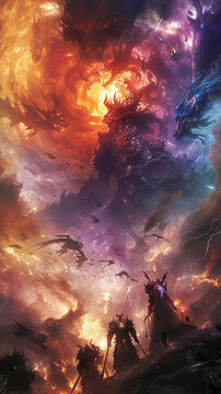 Visualize a meeting of devils in a nebula plotting the fate of fantasy worlds beneath the cosmic veil