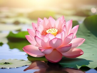 Pink lotus flower with leaves