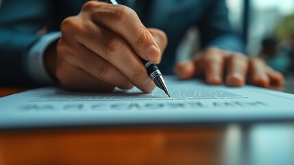 Focused image of a businessman's hand signing a critical document, representing professional commitment and agreements.