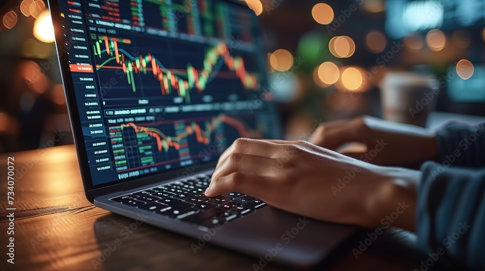 Aufkleber close-up of a trader's hands typing on a laptop with stock market analysis graphs displayed on the s